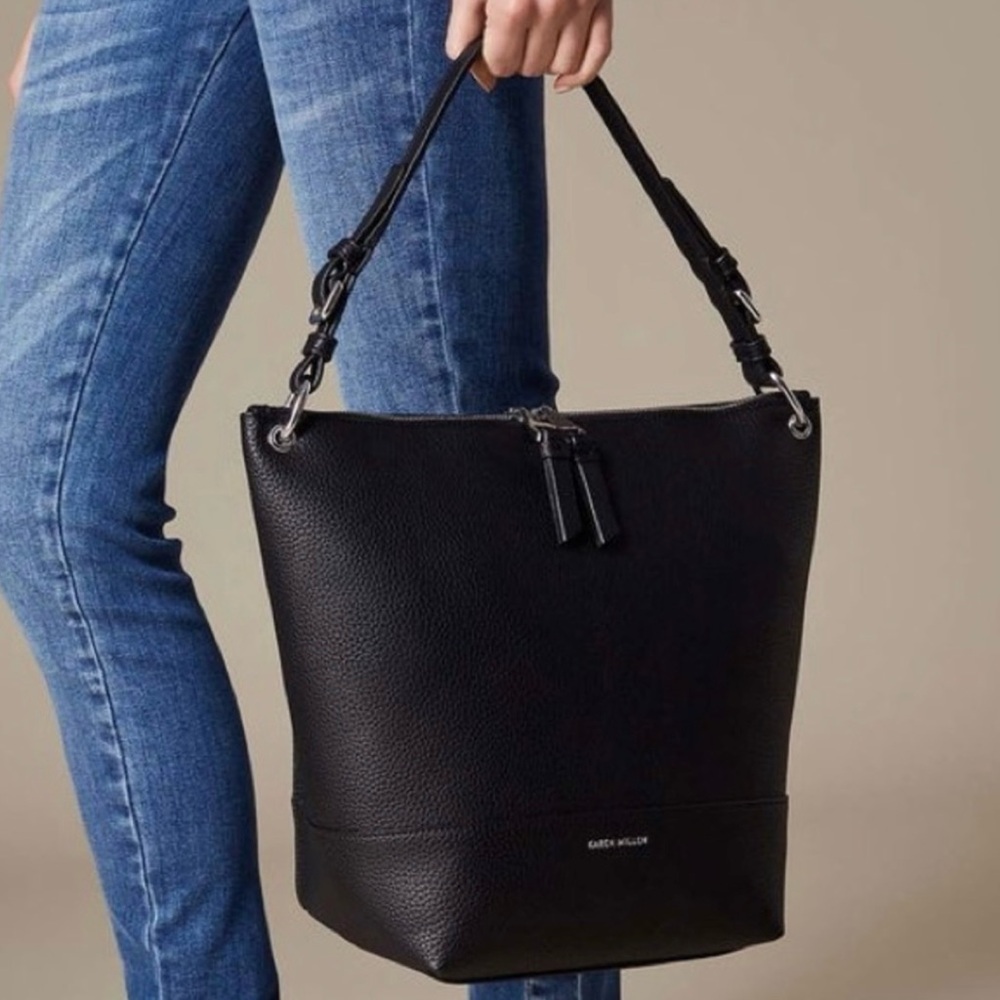 KAREN MILLEN Vegan Black Leather Bucket Bag & Makeup Pouch EUC